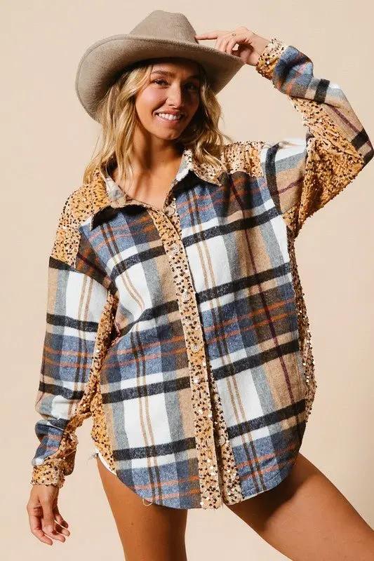 BiBi Curved Hem Sequin Plaid Button Up Shacket for Women - Love Salve